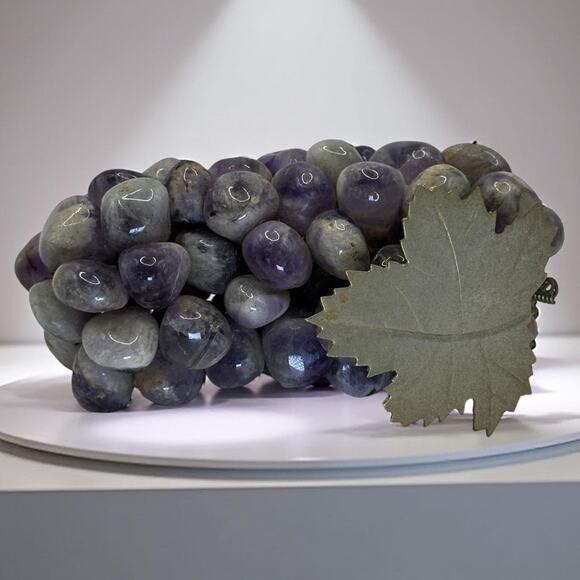 Vintage Genuine Amythest Tumbled Bunch of Grapes with Silver Leaves Italian